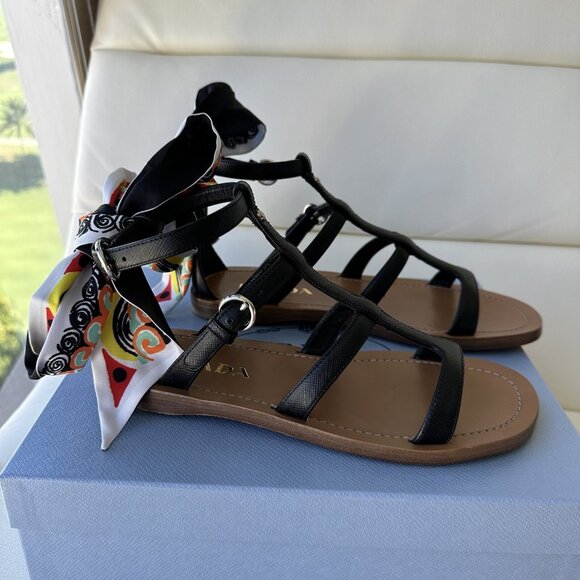 NEW PRADA SANDALS BLACK LEATHER GLADIATOR SILK BOWS 38.5 - Picture 6 of 7